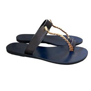 Ancient Greek Sandals Melpomeni Toe Loop Braided Blue Gold Leather Size 40 US 10